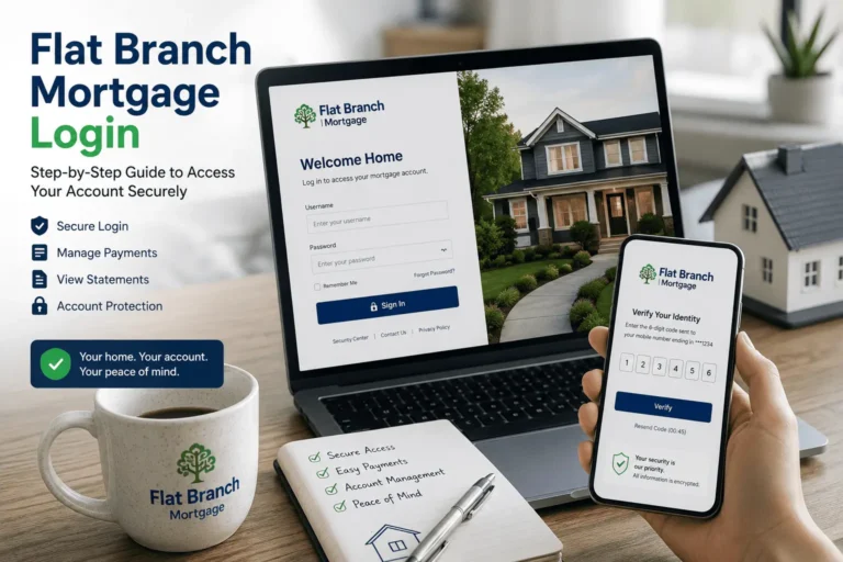 Flat Branch Mortgage Login portal showing secure account access, payment management, and mortgage account tools