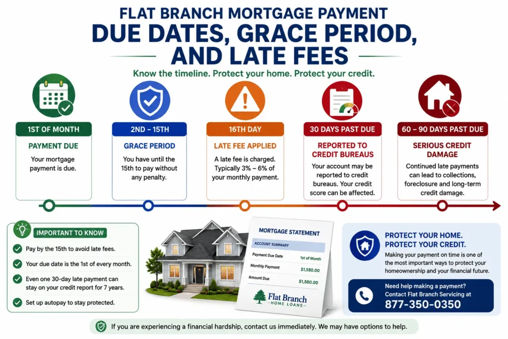 Flat Branch mortgage payment timeline showing due dates grace period late fees and credit reporting schedule