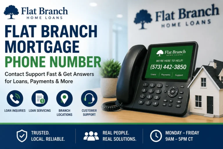 Flat Branch Mortgage phone number and customer support contact information infographic.