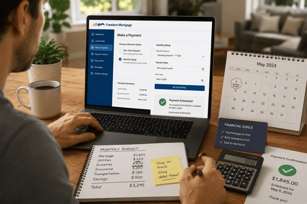 Homeowner scheduling a mortgage payment through Freedom Mortgage online account
