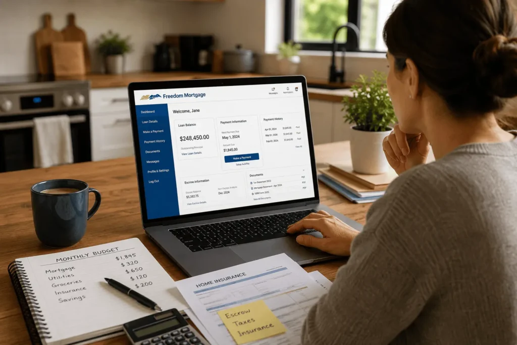 Homeowner using Freedom Mortgage payment login dashboard to manage mortgage account