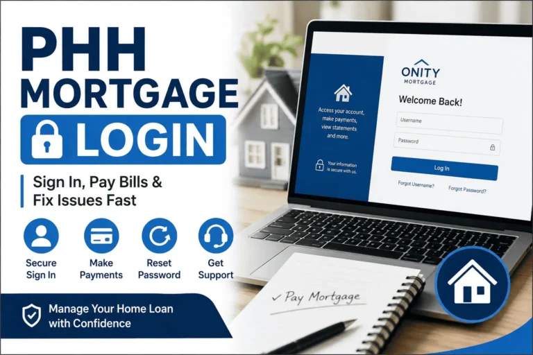 PHH Mortgage login portal on laptop showing secure account access, online payments, and password help