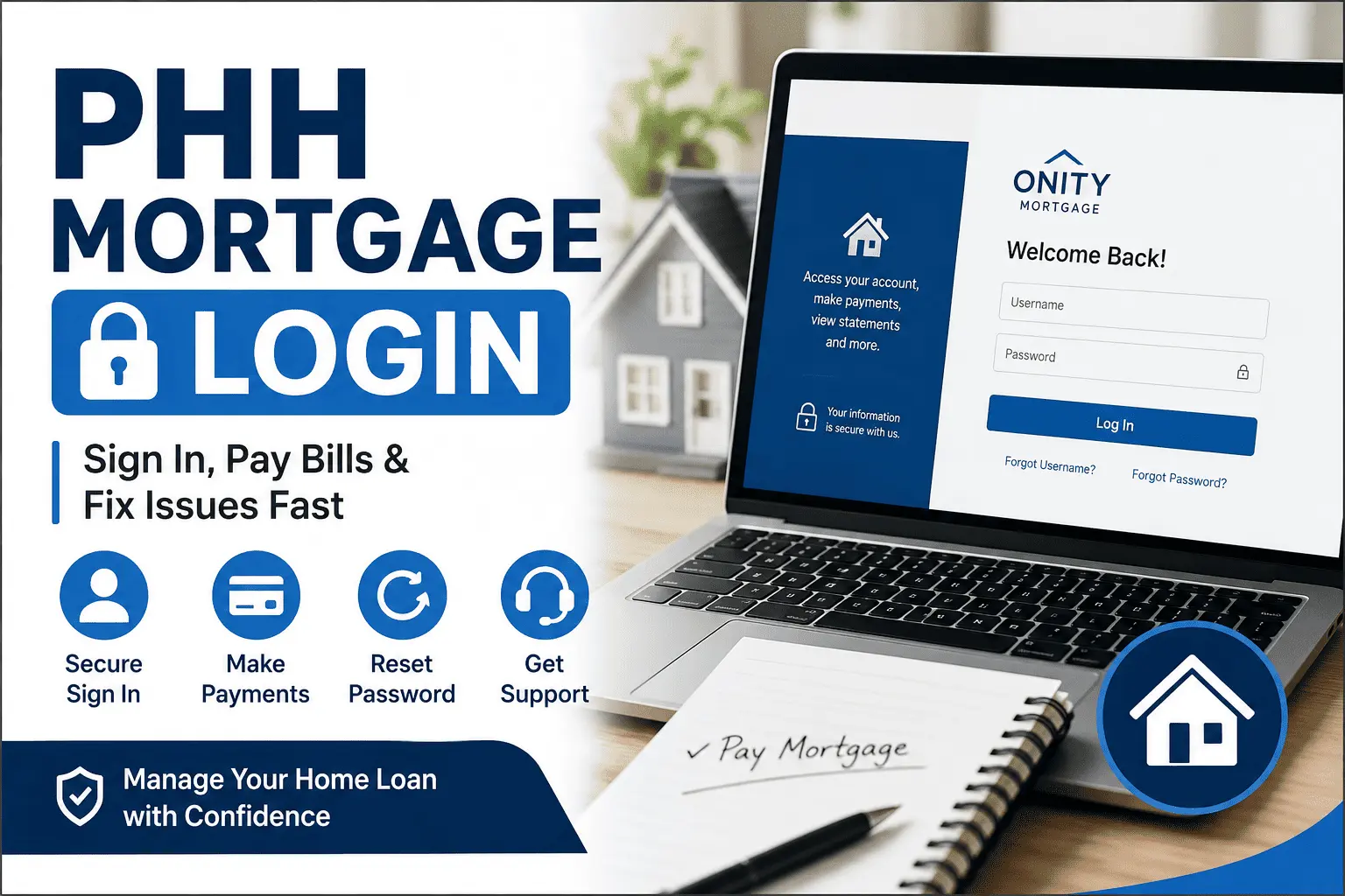 PHH Mortgage login portal on laptop showing secure account access, online payments, and password help