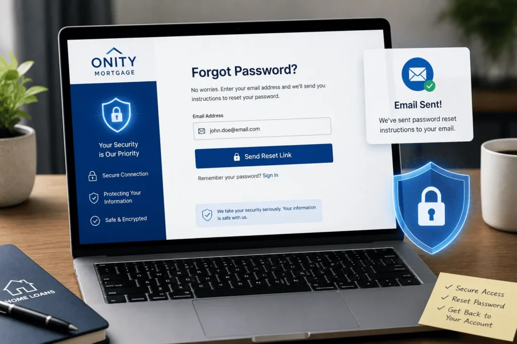 PHH Mortgage login password reset page showing secure account recovery, email verification, and login help