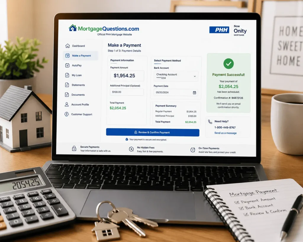 PHH mortgage payment login dashboard showing online payment details, bank account selection and confirmation