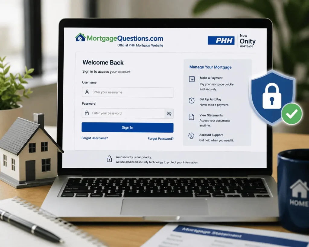 PHH mortgage payment login page on laptop with secure account access, username fields and home loan tools