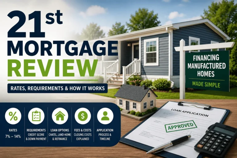 21st Mortgage Review showing manufactured home loan rates, requirements, fees, and financing options explained