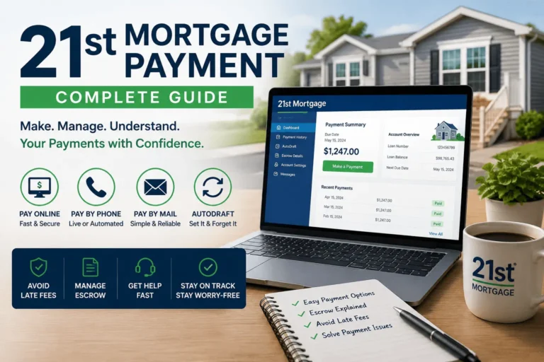 21st Mortgage Payment guide showing online, phone, mail, and autodraft options to manage payments with ease