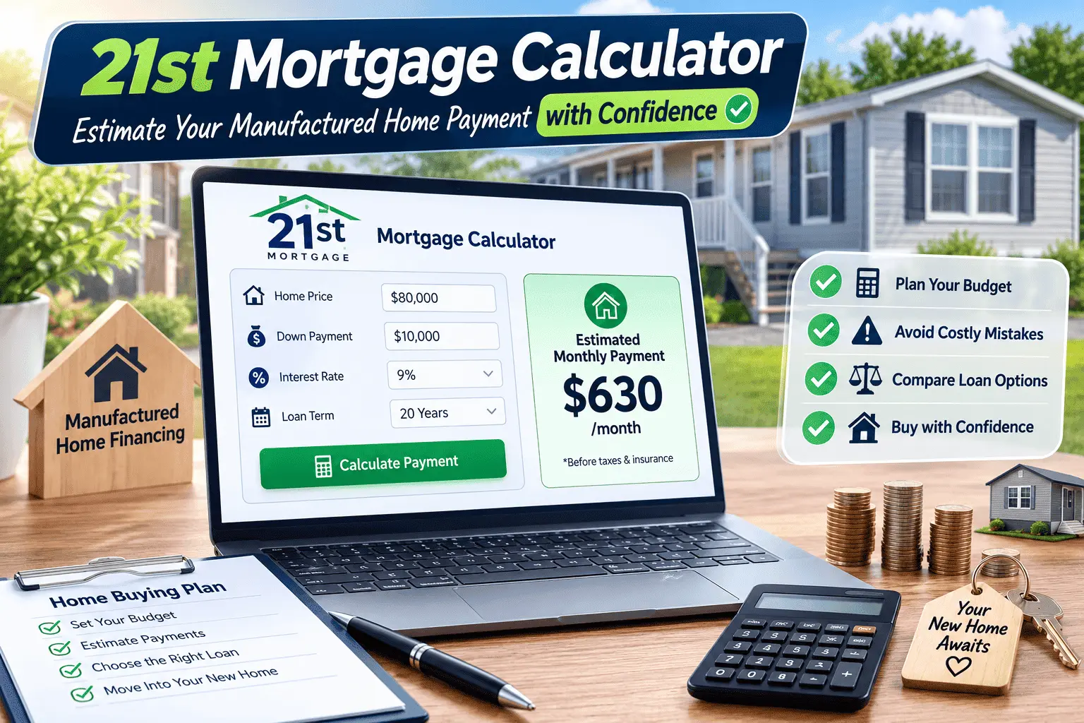21st Mortgage Calculator showing a manufactured home payment estimate with loan details and monthly mortgage calculation.