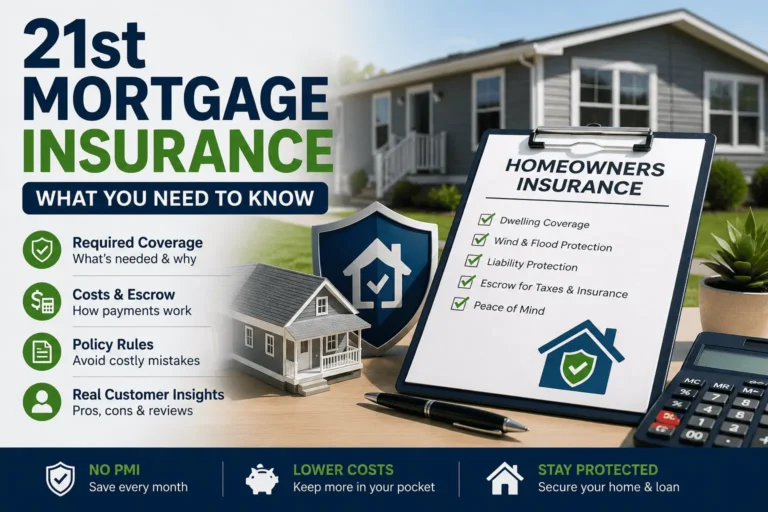 21st Mortgage Insurance guide showing homeowners insurance, escrow, coverage requirements, policy checklist, and manufactured home protection