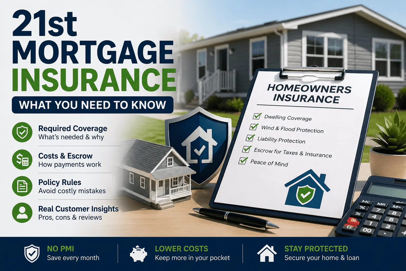 21st Mortgage Insurance guide showing homeowners insurance, escrow, coverage requirements, policy checklist, and manufactured home protection