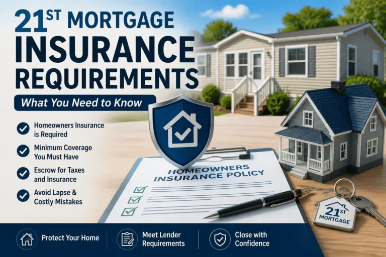 21st Mortgage Insurance Requirements guide showing homeowners insurance policy, escrow, coverage rules, and approval checklist.