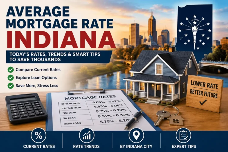 Average Mortgage Rate Indiana infographic featuring current mortgage rates, loan comparisons, and home financing tips.
