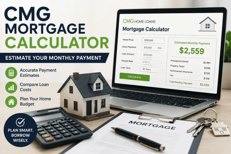 CMG Mortgage Calculator showing estimated monthly home loan payments with calculator, laptop, and house model