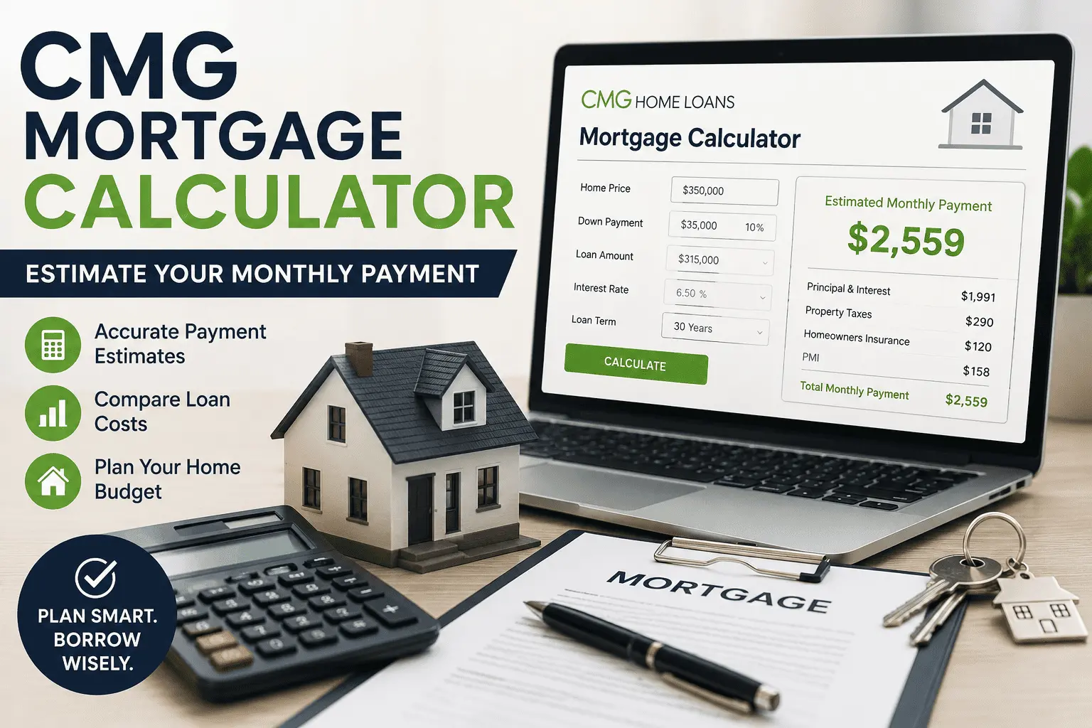 CMG Mortgage Calculator showing estimated monthly home loan payments with calculator, laptop, and house model