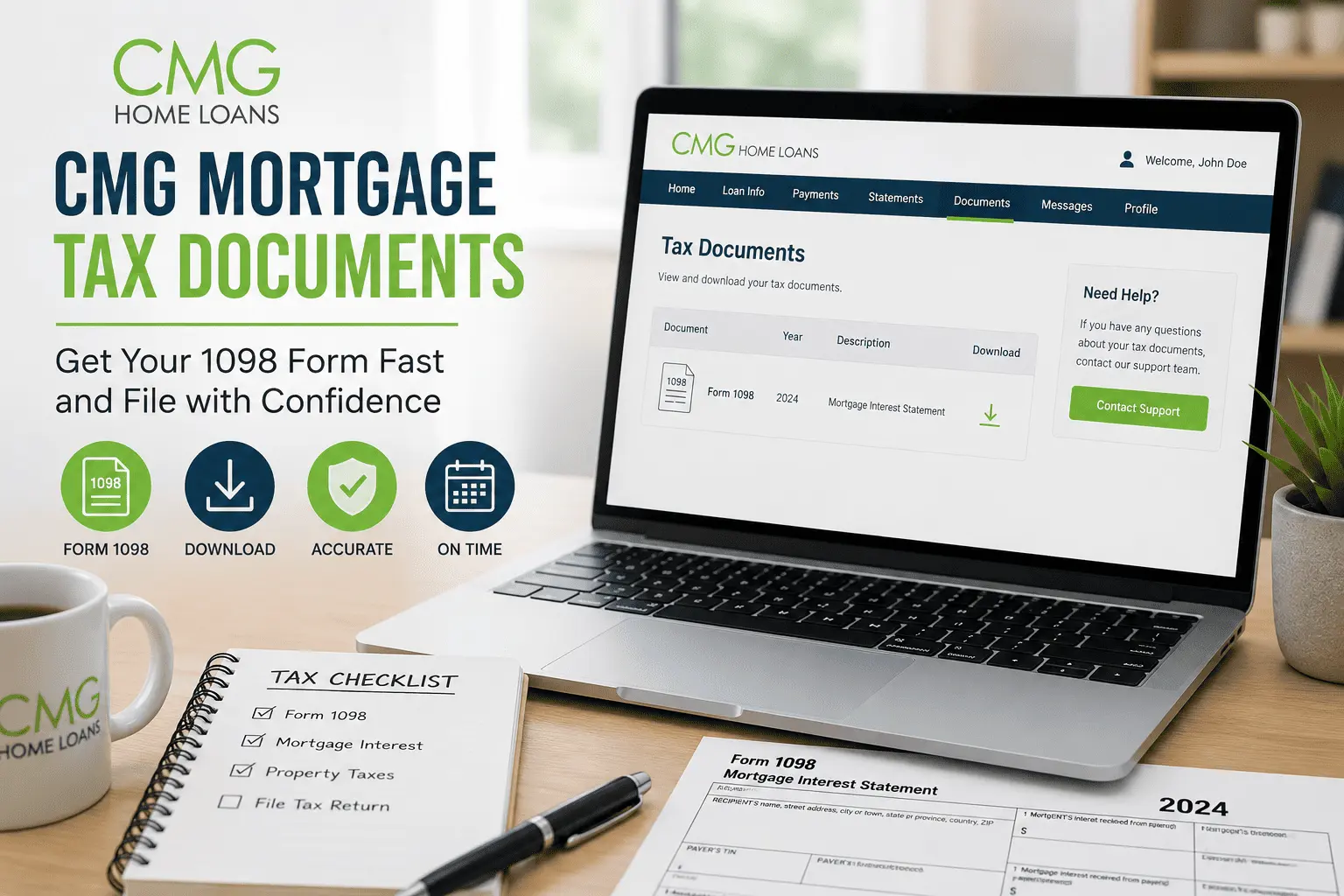 CMG Mortgage Tax Documents guide showing Form 1098 online access for quick, secure, and stress-free tax filing