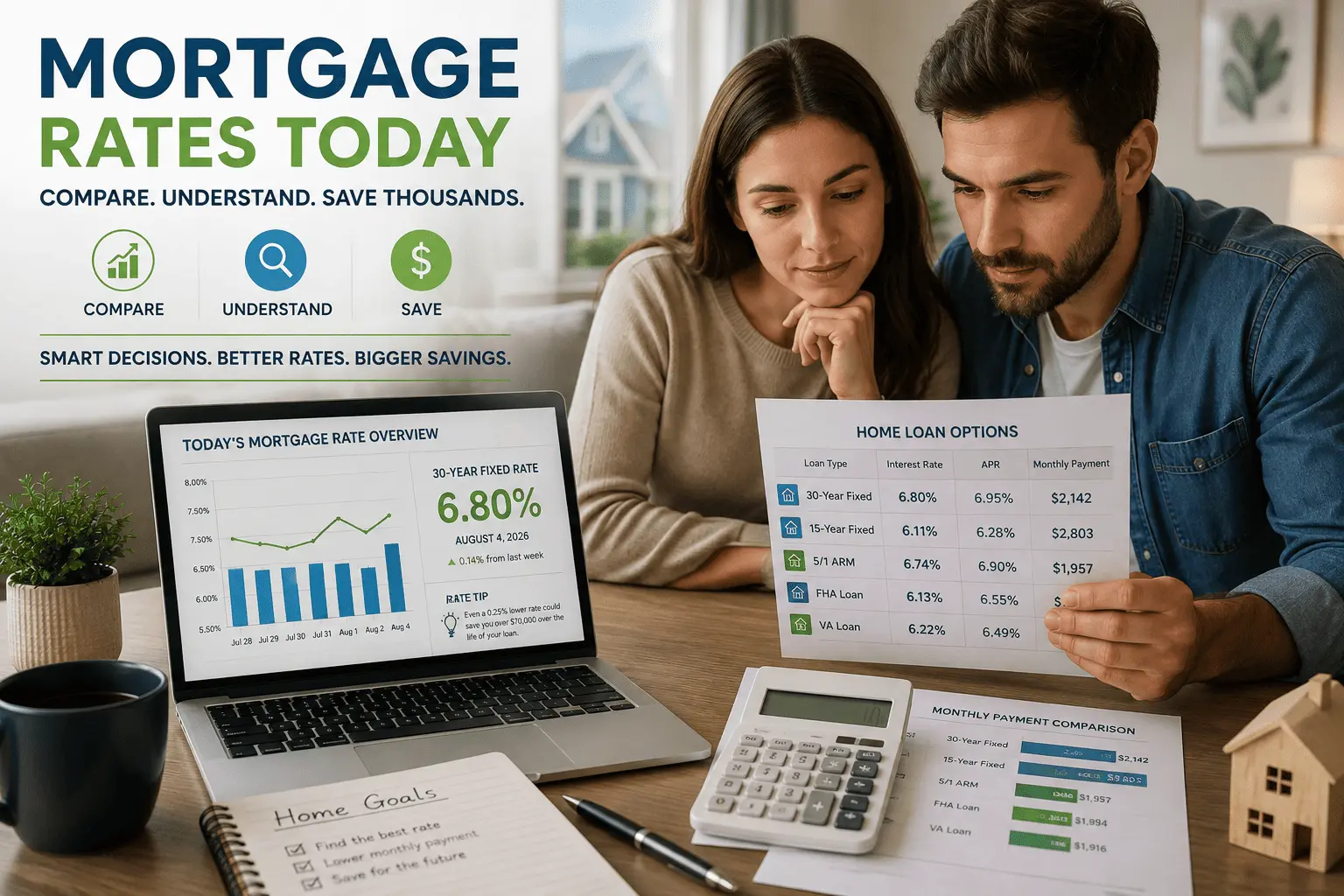 Couple comparing mortgage rates today on a laptop to find the best home loan with lower interest rates and monthly payments